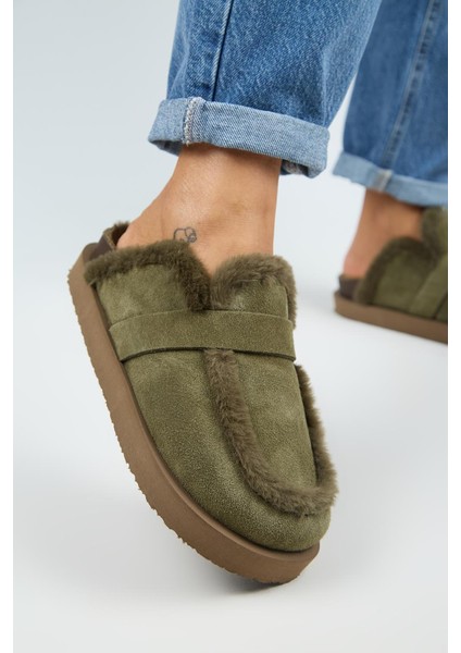 (Ecemi Platform) Kadın Hakiki Deri Kürklü Loafer Platform Haki Terlik indirimleri