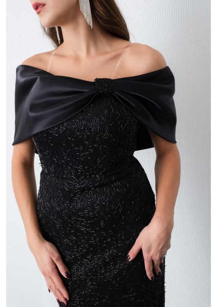 Kadın Siyah Yaka Detay Boncuklu Midi Söz Nişan Abiye Elbise fırsatları