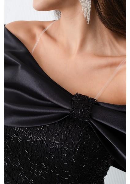 Kadın Siyah Yaka Detay Boncuklu Midi Söz Nişan Abiye Elbise indirimleri