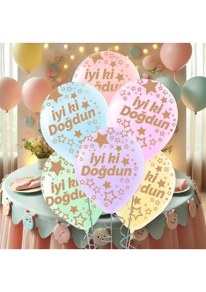 Çepeçevre Yıldızlı Iyi Ki Doğdun Baskılı Karışık Renk Makaron Balon 11"