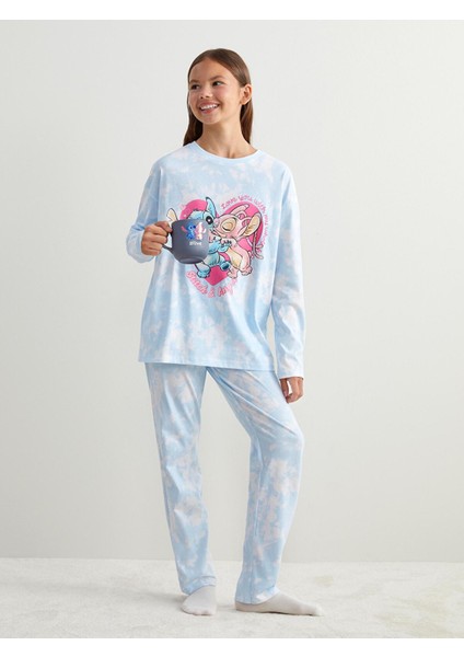 Yeni Sezon Bisiklet Yaka Stitch ve Angel Baskılı Kız Çocuk Pijama Takım