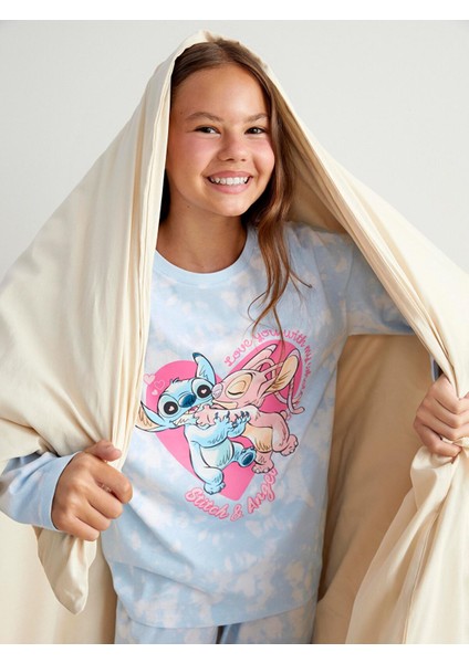 Yeni Sezon Bisiklet Yaka Stitch ve Angel Baskılı Kız Çocuk Pijama Takım modelleri