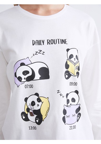 Yeni Sezon Bisiklet Yaka Baskılı Kadın Pijama Takımı modelleri