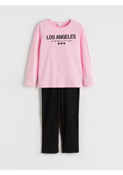 Yeni Sezon Bisiklet Yaka Los Angeles Baskılı Kız Çocuk Pijama Takımı