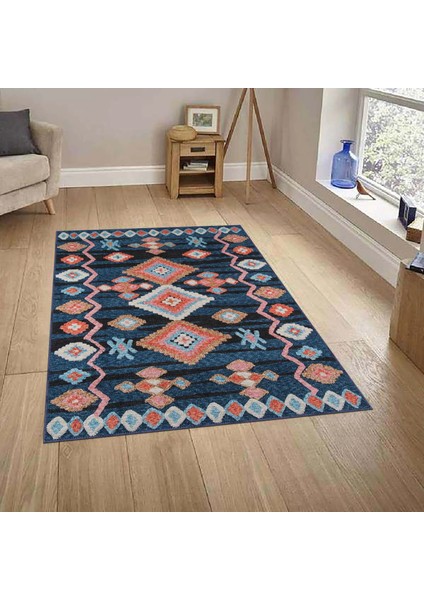 Borgo Geometrik Lacivert Polyester ve Pamuklu Yıkanabilir Kaydırmaz Taban Dijital Baskı Halı