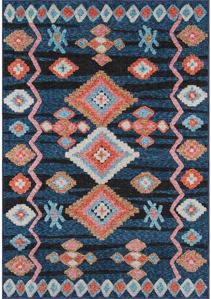 Borgo Geometrik Lacivert Polyester ve Pamuklu Yıkanabilir Kaydırmaz Taban Dijital Baskı Halı fiyatları