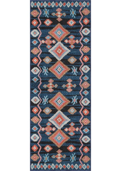 Borgo Geometrik Lacivert Polyester ve Pamuklu Yıkanabilir Kaydırmaz Taban Dijital Baskı Halı modelleri