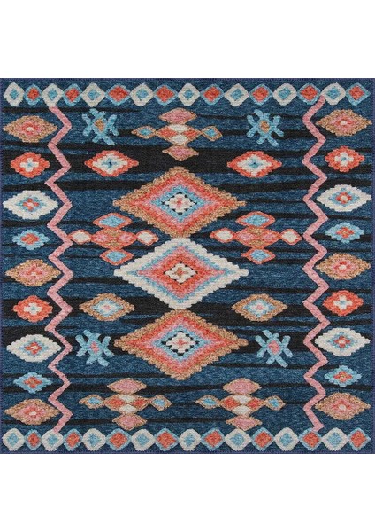 Borgo Geometrik Lacivert Polyester ve Pamuklu Yıkanabilir Kaydırmaz Taban Dijital Baskı Halı indirimleri