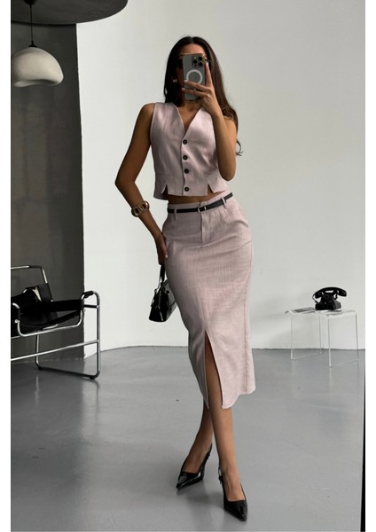 Yelek-Önden Yırtmaçlı Etek Tk Şantuk Keten - Lila fiyatları