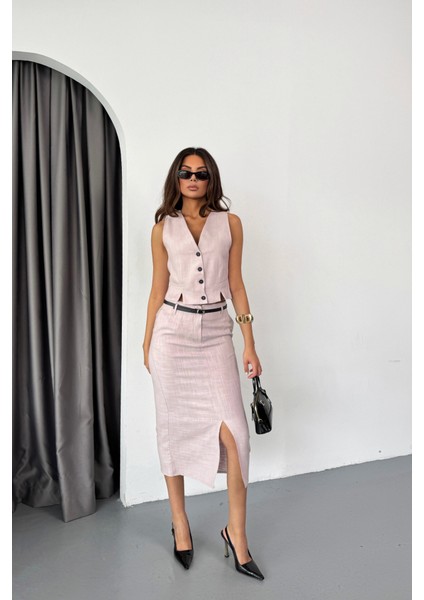 Yelek-Önden Yırtmaçlı Etek Tk Şantuk Keten - Lila modelleri