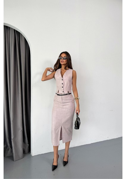 Yelek-Önden Yırtmaçlı Etek Tk Şantuk Keten - Lila fırsatları