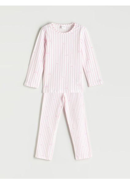 Yeni Sezon Bisiklet Yaka Fiyonk Desenli Kız Çocuk Pijama Takımı