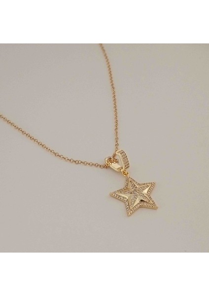 Pirinç Gold Zirkon Taşlı Yıldız Kolye modelleri