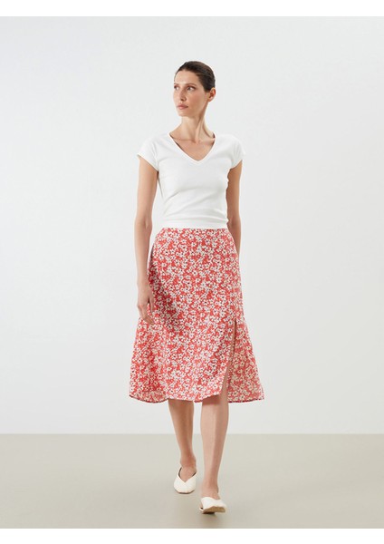 Yeni Sezon Beli Lastikli Çiçekli Yırtmaçlı Etek