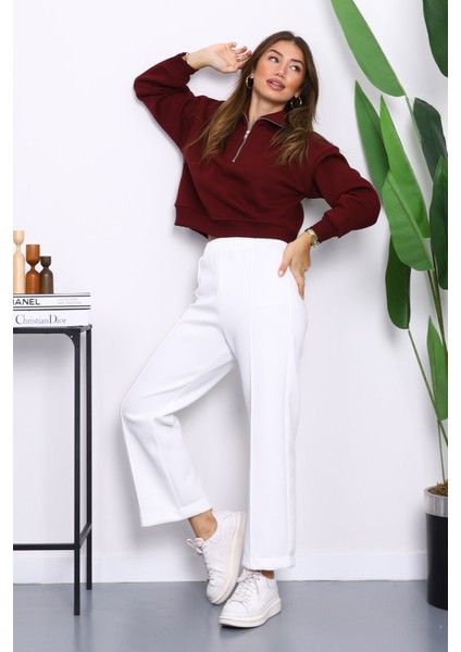 Bordo Önü Fermuarlı Üç Iplik Crop Sweat fiyatları