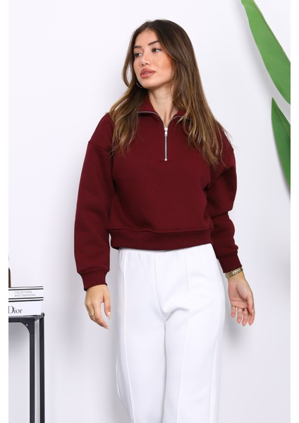 Bordo Önü Fermuarlı Üç Iplik Crop Sweat modelleri