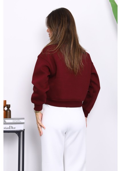 Bordo Önü Fermuarlı Üç Iplik Crop Sweat fırsatları