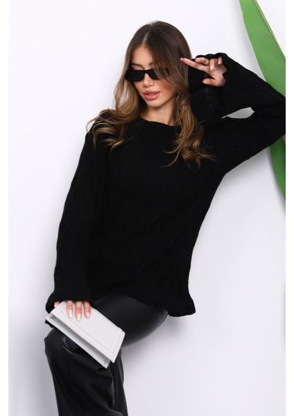 Siyah Bel ve Kol Ucu Fırfırlı Triko Kazak modelleri