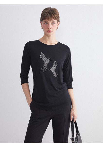 Yeni Sezon Bisiklet Yaka Boncuk Işlemeli Kadın Tişört