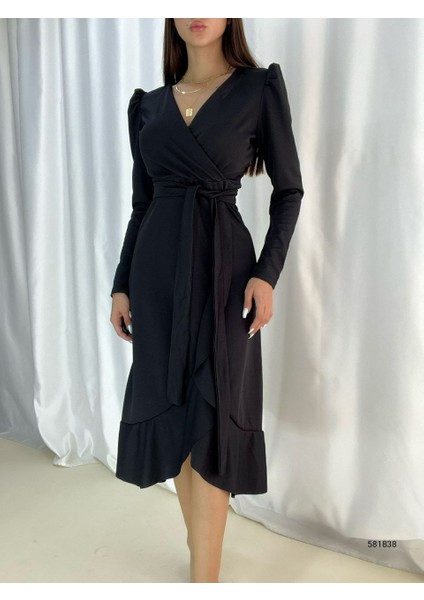 Krep Kumaş Midi Boy Kuşaklı Uzunkol Elbise 113 cm