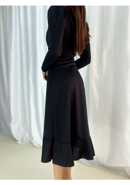 Krep Kumaş Midi Boy Kuşaklı Uzunkol Elbise 113 cm