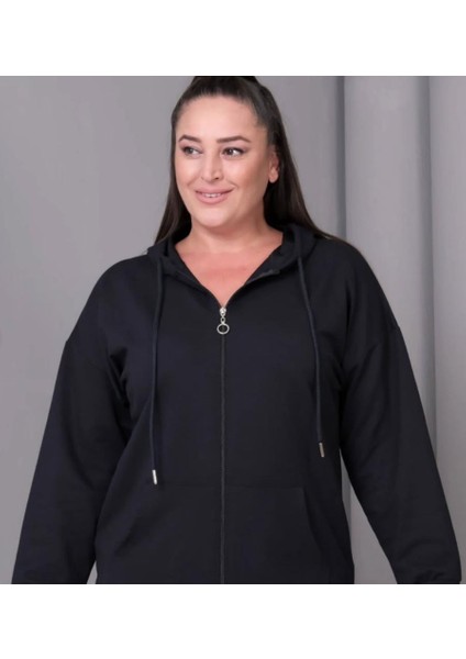 Kadın Büyük Beden Kapüşonlu Kanguru Cepli Fermuarlı Yırtmaç Detaylı %100 Pamuk Sweatshirt