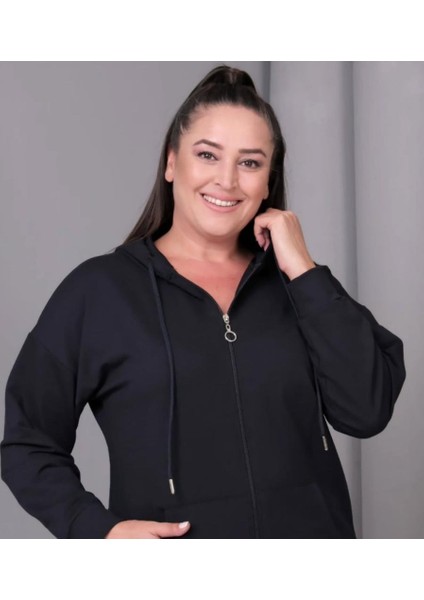 Kadın Büyük Beden Kapüşonlu Kanguru Cepli Fermuarlı Yırtmaç Detaylı %100 Pamuk Sweatshirt fiyatları