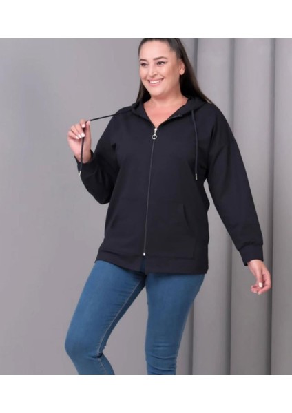Kadın Büyük Beden Kapüşonlu Kanguru Cepli Fermuarlı Yırtmaç Detaylı %100 Pamuk Sweatshirt modelleri