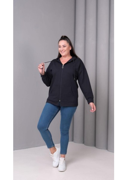 Kadın Büyük Beden Kapüşonlu Kanguru Cepli Fermuarlı Yırtmaç Detaylı %100 Pamuk Sweatshirt indirimleri