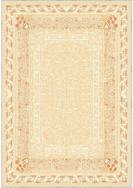 Ribera Çerçeveli Krem Polyester ve Pamuklu Yıkanabilir Kaydırmaz Taban Dijital Baskı Halı