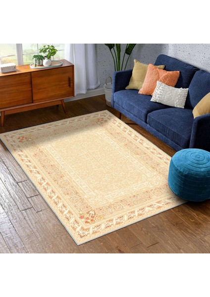 Ribera Çerçeveli Krem Polyester ve Pamuklu Yıkanabilir Kaydırmaz Taban Dijital Baskı Halı fiyatları