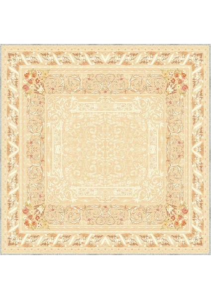 Ribera Çerçeveli Krem Polyester ve Pamuklu Yıkanabilir Kaydırmaz Taban Dijital Baskı Halı indirimleri