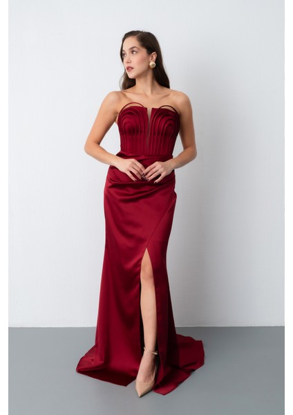 Kadın Bordo Yaka Detay Saten Uzun Söz Nişan Abiye Elbise fiyatları