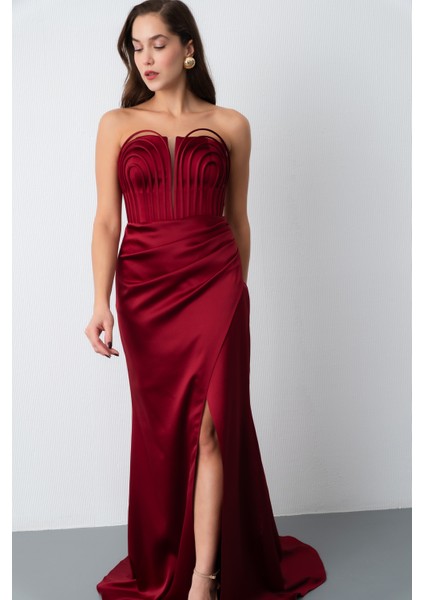 Kadın Bordo Yaka Detay Saten Uzun Söz Nişan Abiye Elbise modelleri