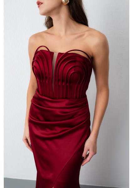 Kadın Bordo Yaka Detay Saten Uzun Söz Nişan Abiye Elbise fırsatları