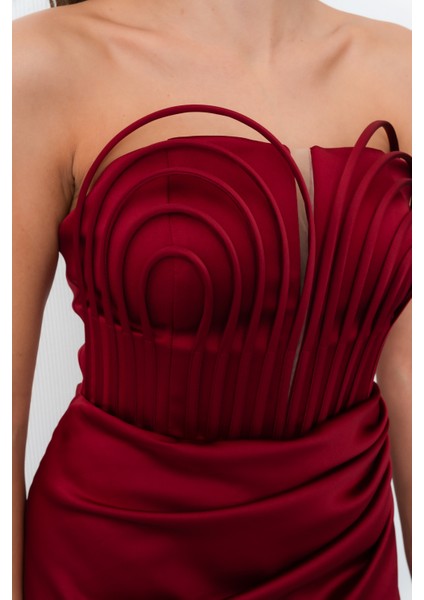 Kadın Bordo Yaka Detay Saten Uzun Söz Nişan Abiye Elbise indirimleri