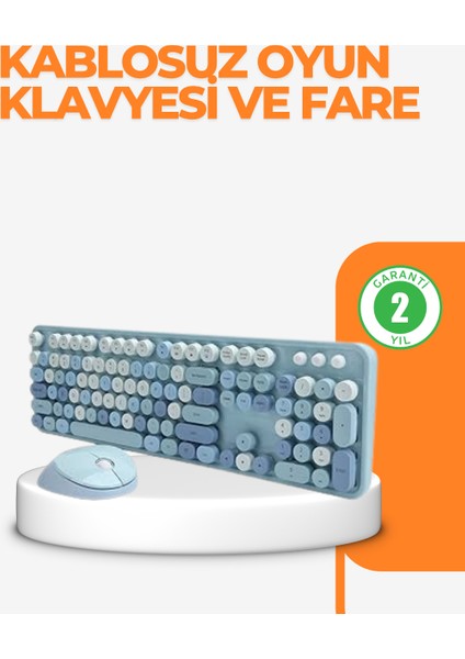 Kablosuz Retro Klavye ve Mouse Seti – 104 Tuşlu Sevimli Tasarım