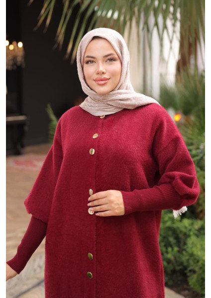 Bordo Hakim Yaka Angora Yumoş Kaban Hırka modelleri