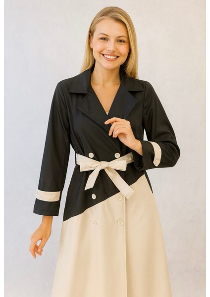 Kadın Siyah Bej Kontrast Kuşaklı Çift Düğmeli Trençkot
