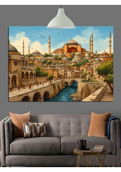Tarihi Istanbul Şehir Manzarası Detaylı Görüntü Dekoratif Kanvas - Mdf Ahşap Tablo