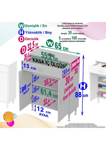 Arden Banyo ve Mutfak Dolabı Çok Amaçlı Dolap 4 Bölme Tek Çekmece 2 Kapak 3 Raf 65x88x32,5 cm