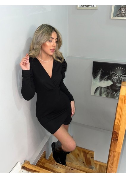 Kadın Uzun Kollu Kruvaze Yaka Kol Detaylı Ithal Krep Mini Elbise