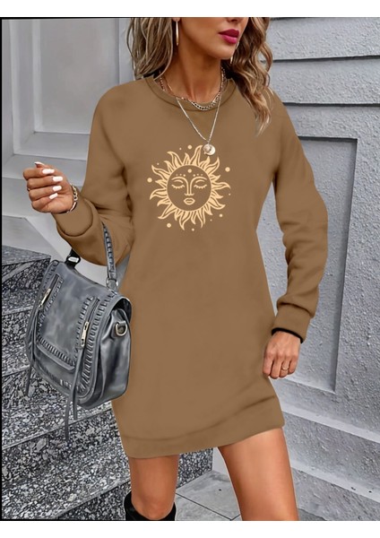 Kadın Uzun Kollu Bisiklet Yaka Güneş Desenli Viskon Iki Iplik Elbise
