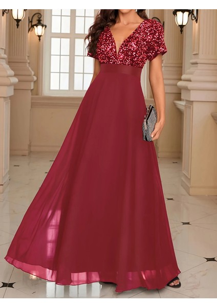 Kadın Kısa Kollu Derin V Yakalı A Kesim Pulpayet Detaylı Şifon Nedime Elbisesi fiyatları