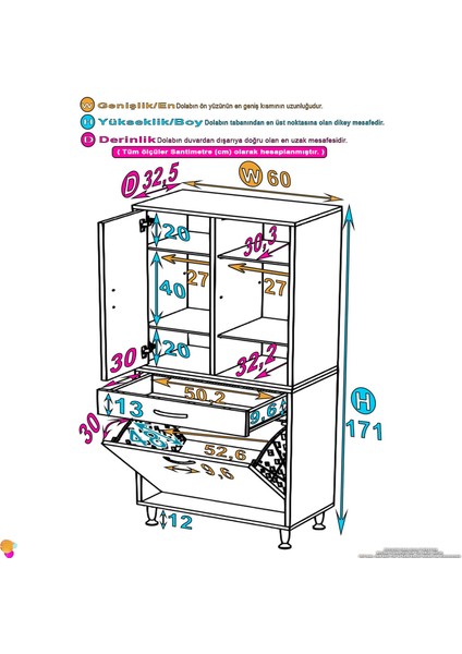 Waha 6 Gözlü Tek Çekmece, 1 Göz Sepet, 2 Kapak, Beyaz Banyo Dolabı 60x173x32,5 cm