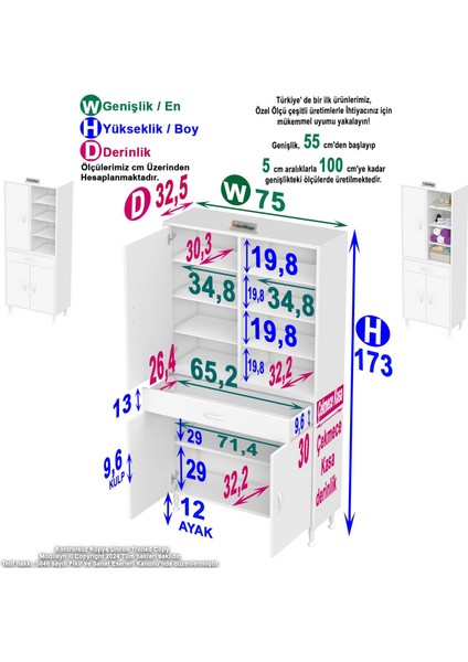Rosa Çok Amaçlı Dolap Banyo ve Mutfak Dolabı Tek Çekmece 3 Kapak 7 Raf 10 Bölme 75x173x32,5 cm