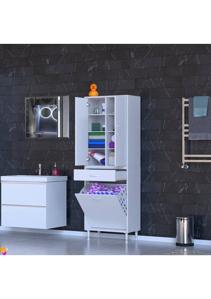 Yeni Kayra Tek Çekmece, 1 Göz Sepet, 2 Kapak, 8 Raf Dar Alan Banyo Dolabı 65X173X32,5 cm fiyatları
