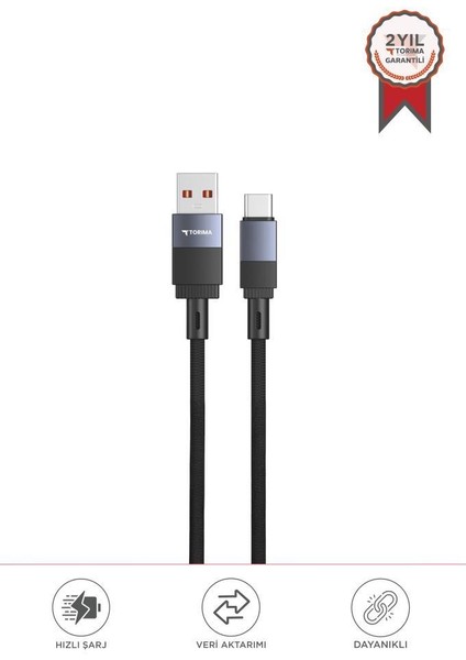U18 Siyah USB ile Type-C Şarj ve Data Kablosu