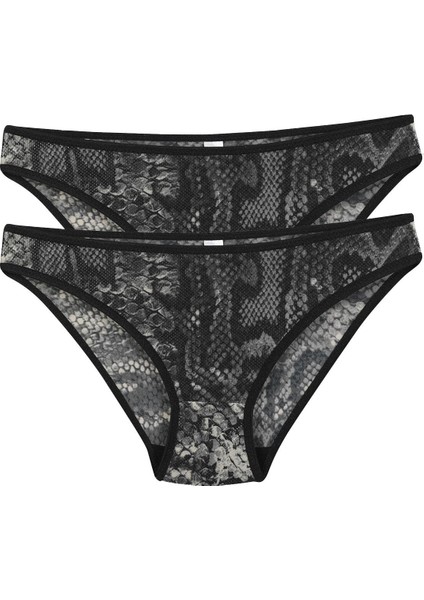 Kadın Siyah Yılan Desenli 2'li Slip