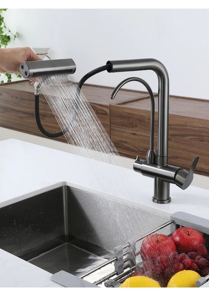 Mutfak Eviye Bataryası Dual Flow Arıtma Çıkışlı Duş Şelale 4 Fonksiyon Antrasit Ithal 7 Yıl Garanti